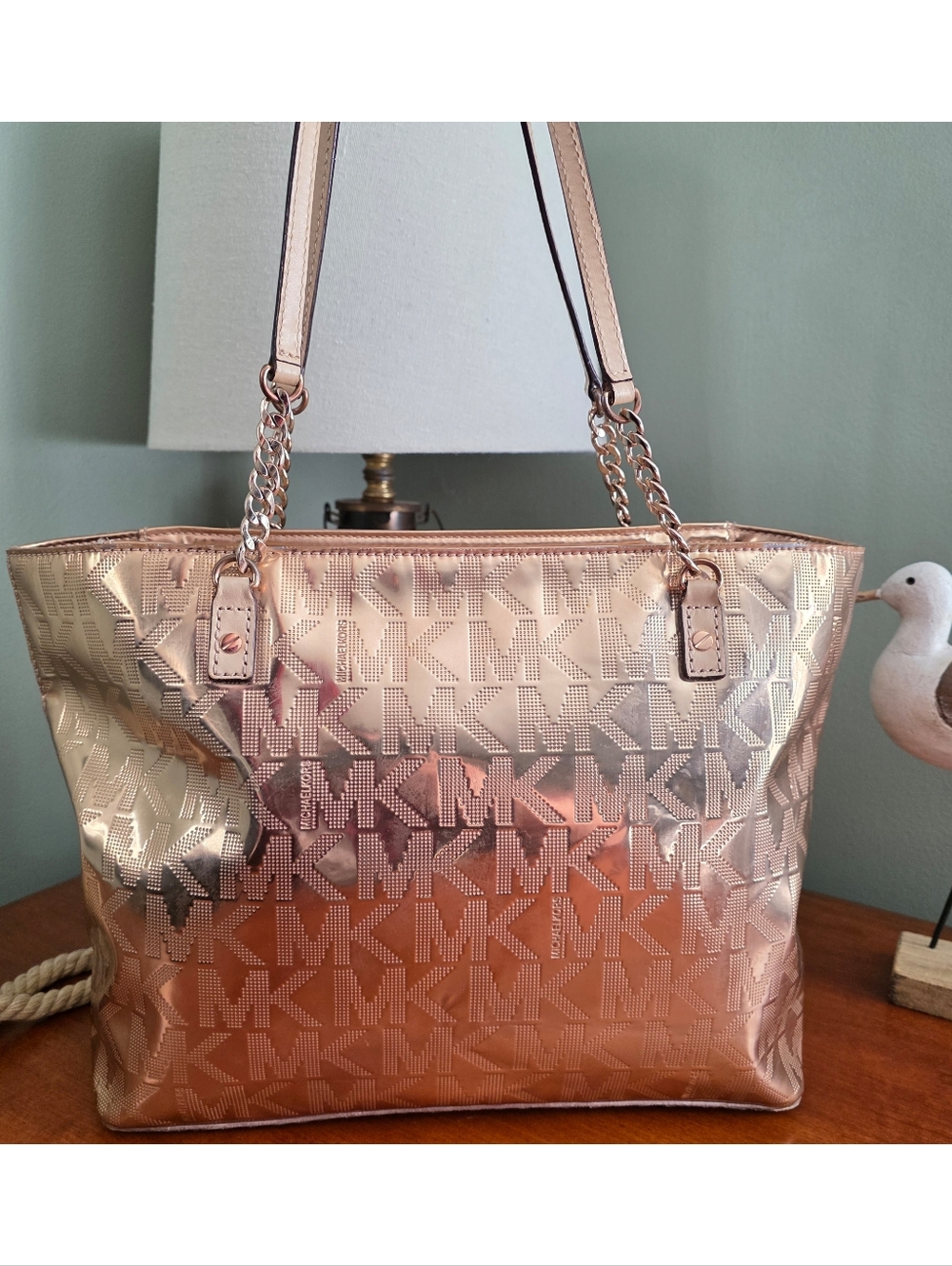 Michael Kors Jet Set Tote Rose Gold Metallic Patent Leather Bag
